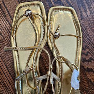 Gold Strappy Flat Sandals for Women Comfortable Open Square Toe